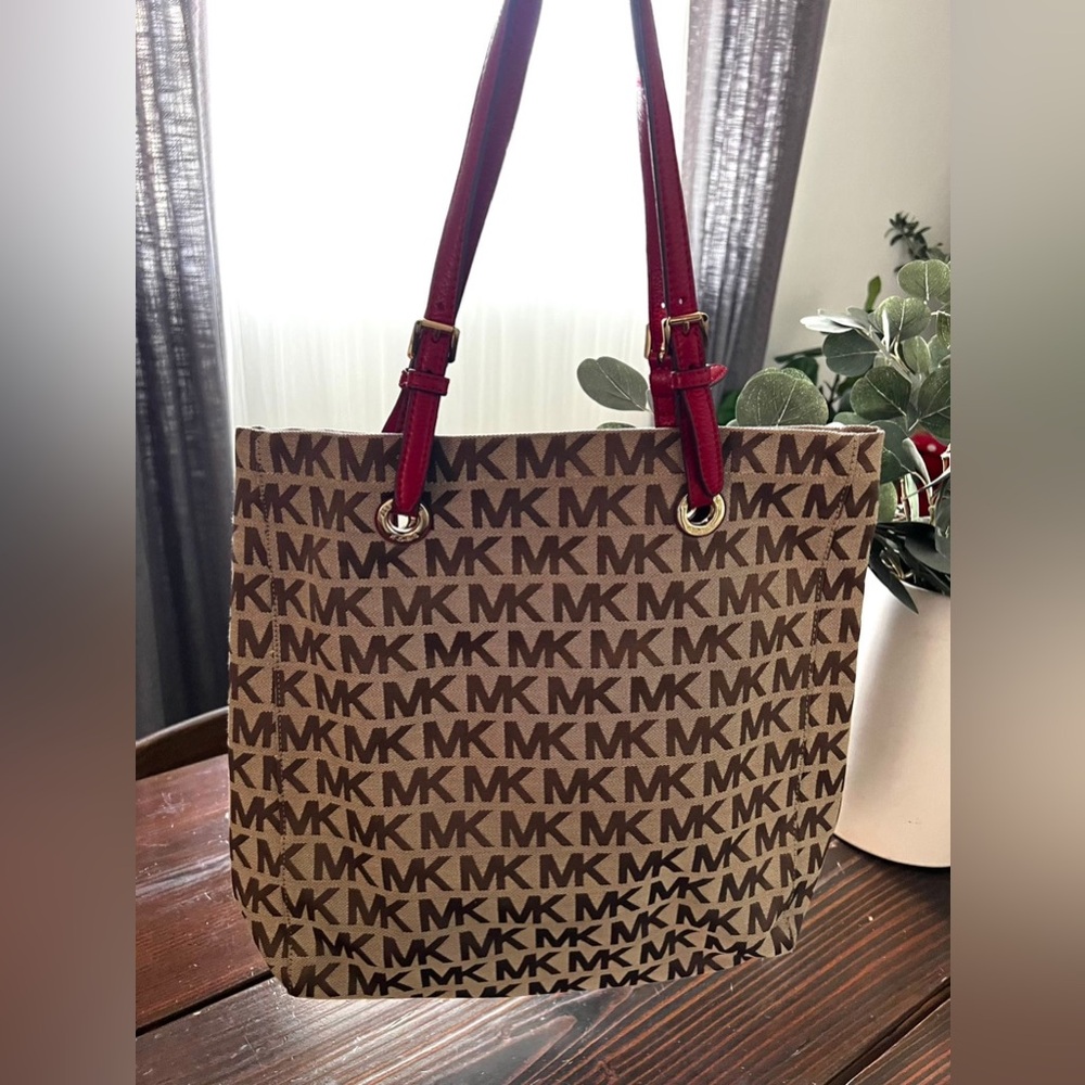 Michael Kors Large Gold and Brown Logo Embroidered Tote Bag